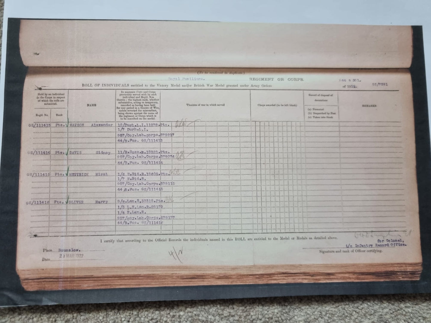 SOLD! WW1 British Medal Duo to Private Hirst Mettrick- 1/6th and 1/7th West Riding Regiment, 44th Royal Fusiliers, Labour Corps, WIA at Ypres