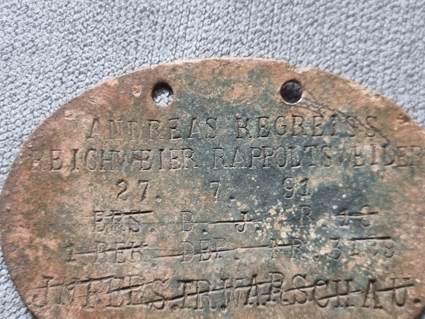 SOLD! 1915 Pattern WW1 Imperial German Dog Tag for Andreas Kegreiss