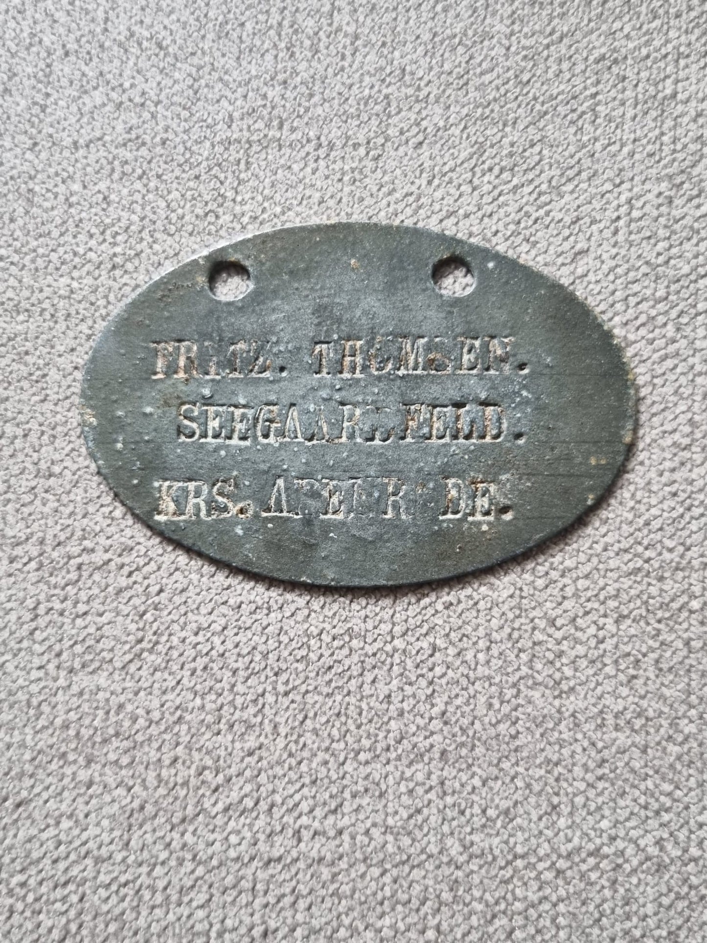 1878 Pattern Imperial German Dog Tag for Fritz Thomsen