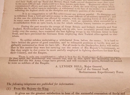 SOLD! WWI Special Order of the Day- Dardanelles Evacuation Leaflet, 21st December 1915