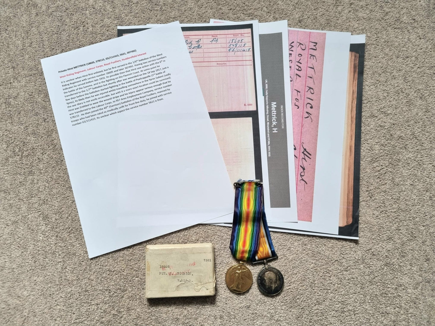 SOLD! WW1 British Medal Duo to Private Hirst Mettrick- 1/6th and 1/7th West Riding Regiment, 44th Royal Fusiliers, Labour Corps, WIA at Ypres