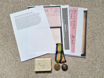 SOLD! WW1 British Medal Duo to Private Hirst Mettrick- 1/6th and 1/7th West Riding Regiment, 44th Royal Fusiliers, Labour Corps, WIA at Ypres