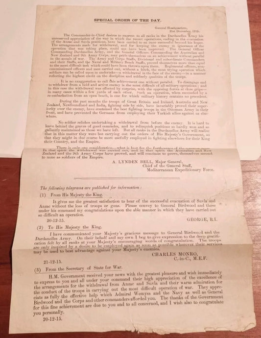 SOLD! WWI Special Order of the Day- Dardanelles Evacuation Leaflet, 21st December 1915