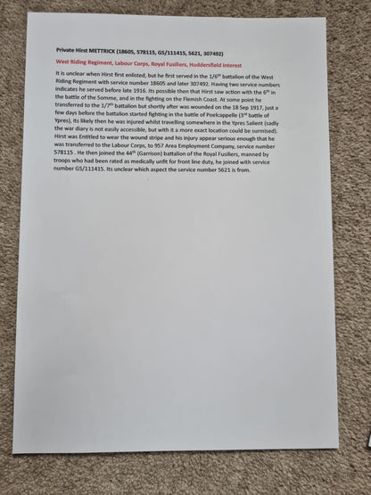 SOLD! WW1 British Medal Duo to Private Hirst Mettrick- 1/6th and 1/7th West Riding Regiment, 44th Royal Fusiliers, Labour Corps, WIA at Ypres