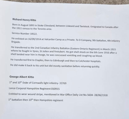 SOLD! WW1 Medal Grouping to Cornish Brothers, Richard and George Kitto- Canadian Expeditionary Force and Duke of Cornwall’s Light Infantry