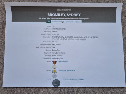 SOLD! WW1 British Death Plaque to Private Sydney Bromiley- 605th Mechanised Transport Company, Army Service Corps