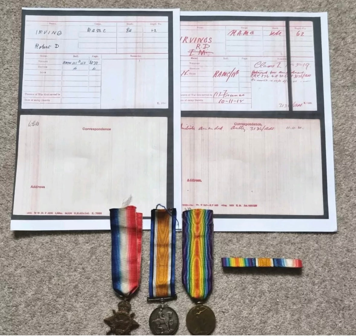 SOLD! WW1 British Medal Trio to Private Robert D Irvings- Royal Army Medical Corps