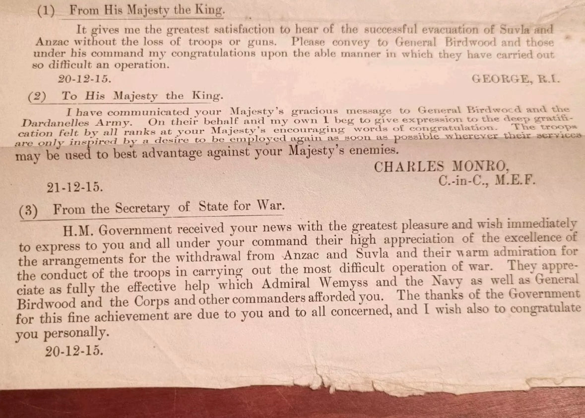 SOLD! WWI Special Order of the Day- Dardanelles Evacuation Leaflet, 21st December 1915