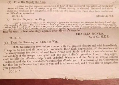 SOLD! WWI Special Order of the Day- Dardanelles Evacuation Leaflet, 21st December 1915
