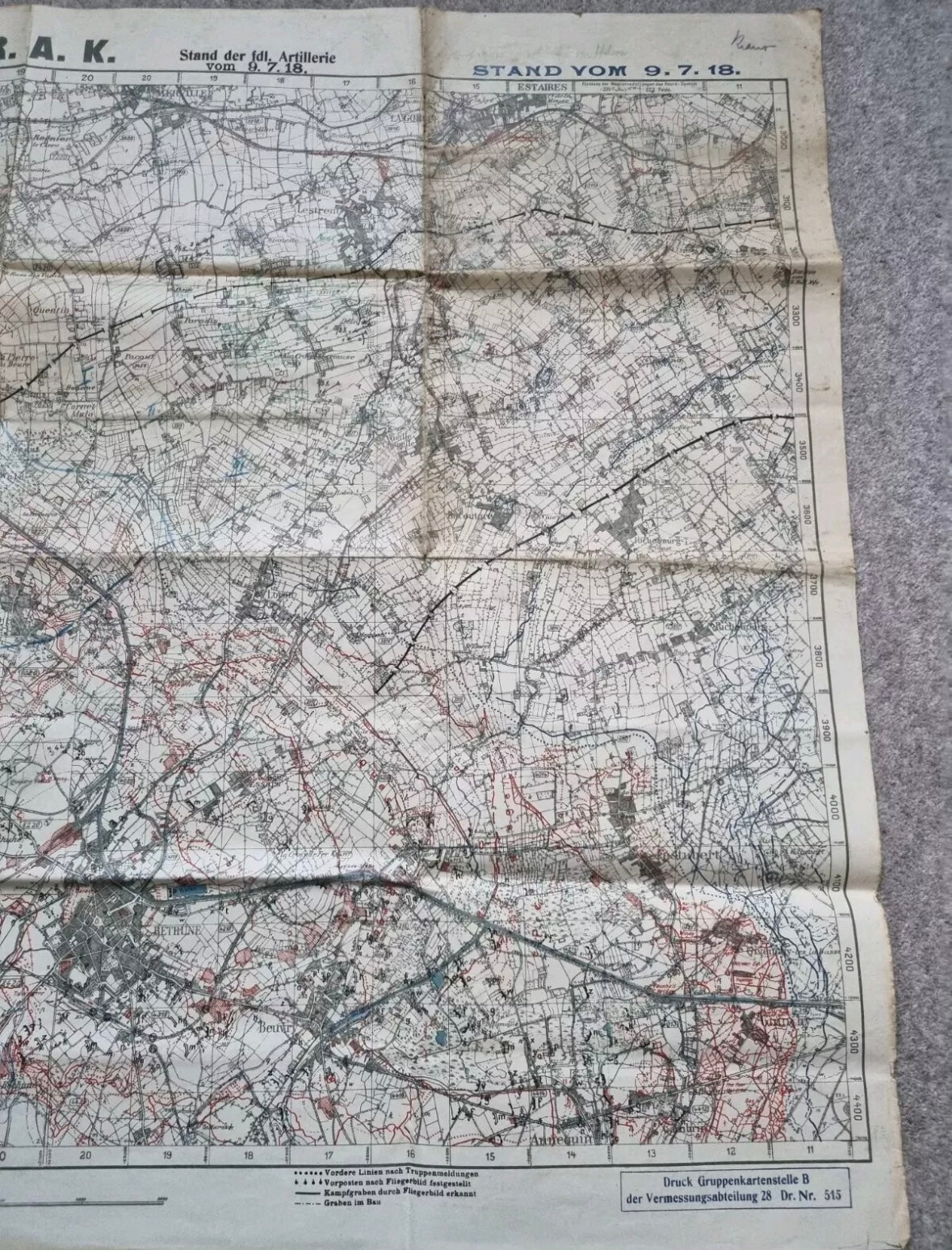 WW1 German 6th Army IX RAK Trench Map Bethune area 9 July 18