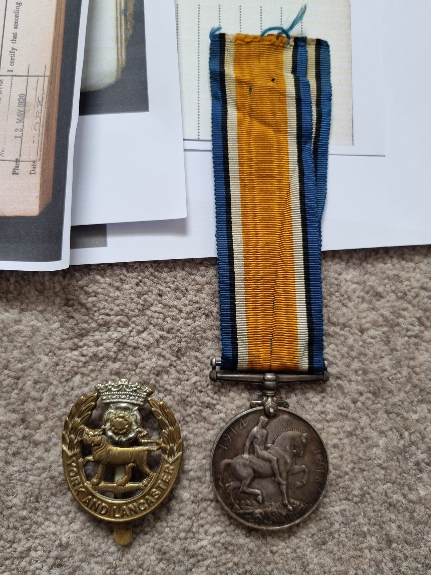 SOLD! WW1 British War Medal and Cap Badge to Private John George Prince- Trench Mortar Battery, 1/4th (Hallamshire) Yorks & Lancs Regiment, KIA at Passchendaele