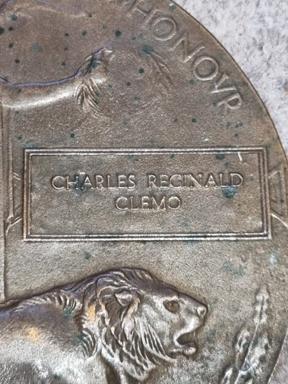 SOLD! WW1 Death Plaque to Shipwright Charles Clemo, Royal Navy- KIA aboard HMS Prize