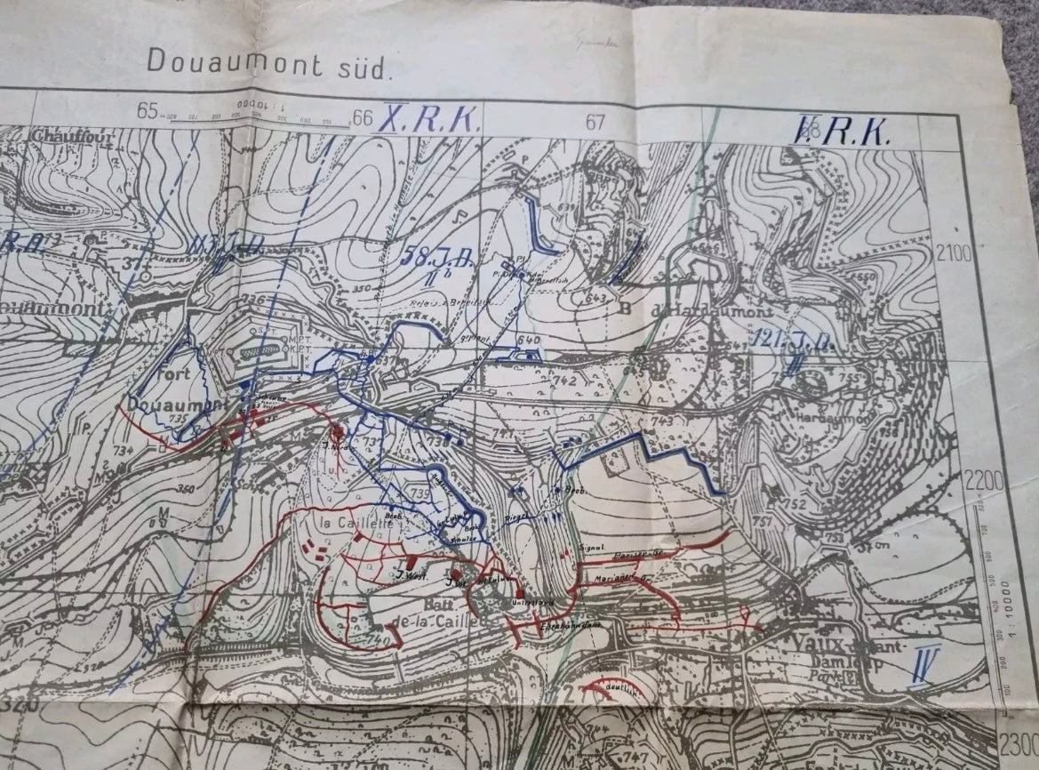 SOLD! Unique WW1 German Trench Map with Hand Drawn Detail Surrounding Verdun, 5 Mar 1916