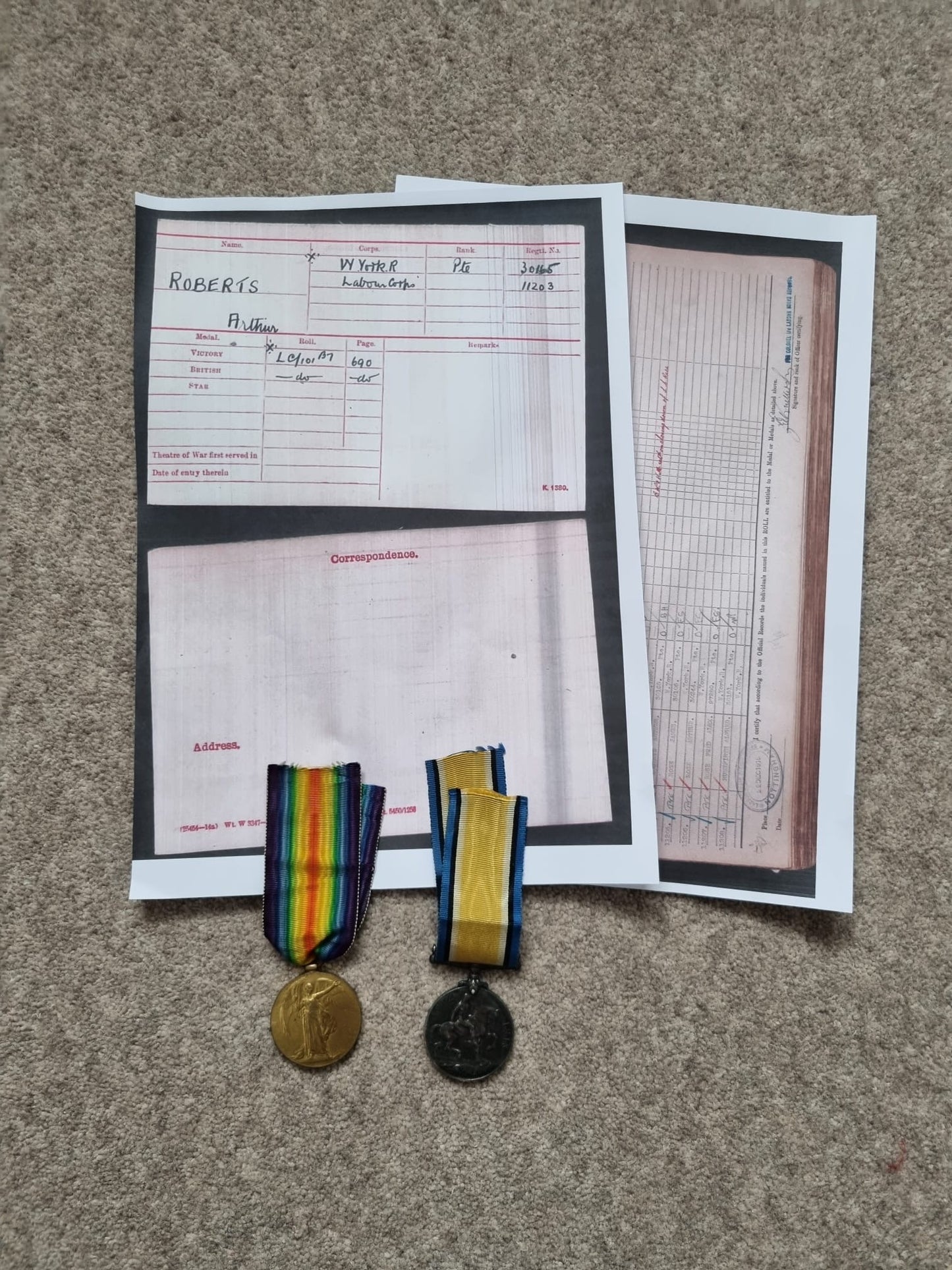 SOLD! WW1 British Medal Duo to Private Arthur Roberts- West Yorkshire Regiment and Labour Corps