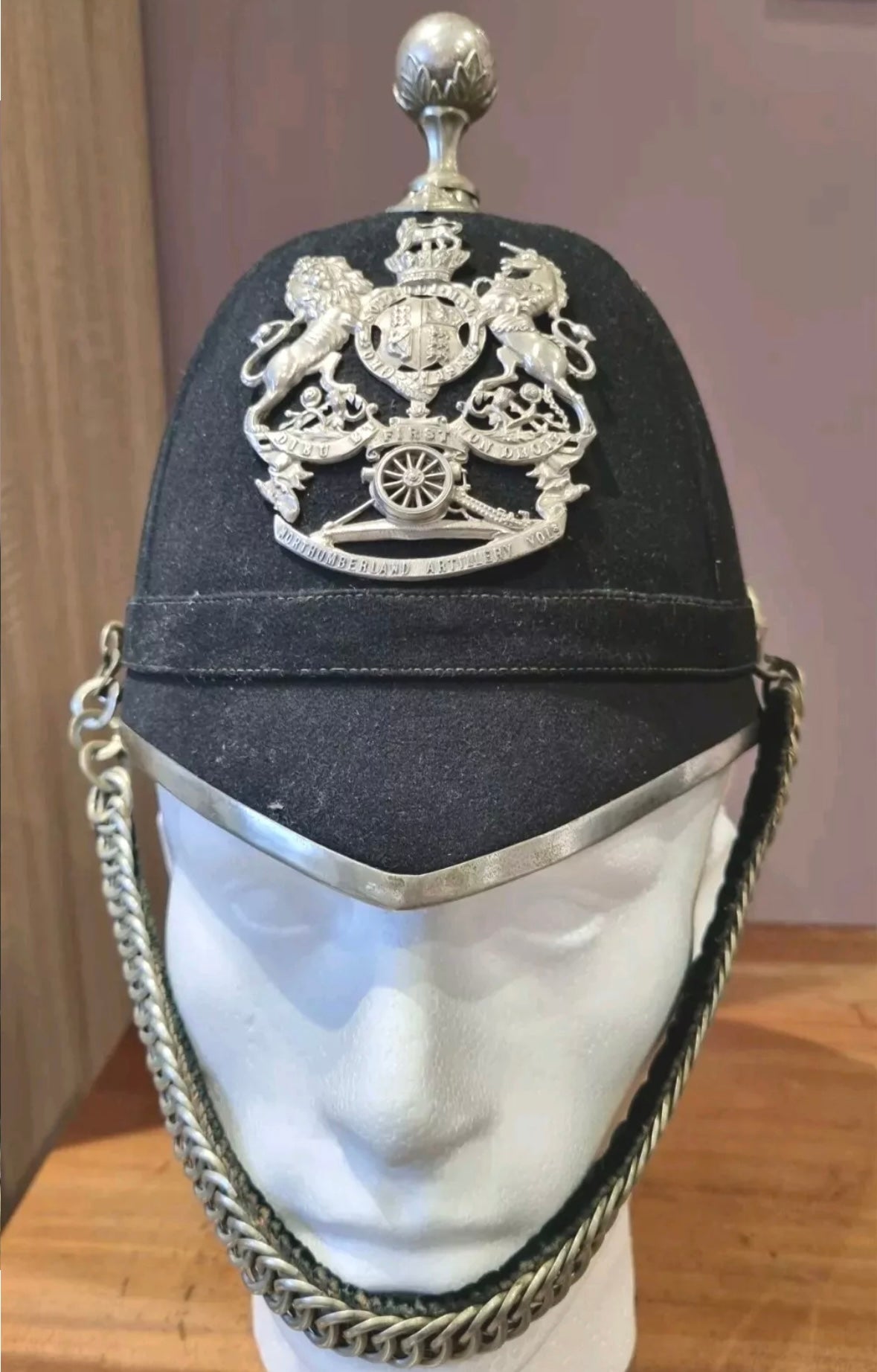 SOLD! Victorian Officer’s Home Service Helmet for the 1st Northumberland Artillery Volunteers, with Tin