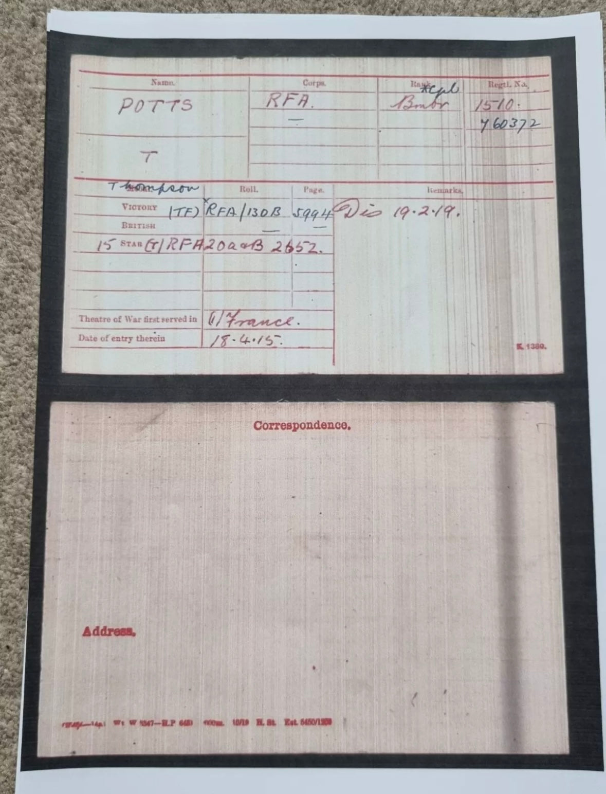 WW1 British Medal Trio to Corporal Thomas/Thompson Potts- 1st Reserve Brigade, Royal Artillery