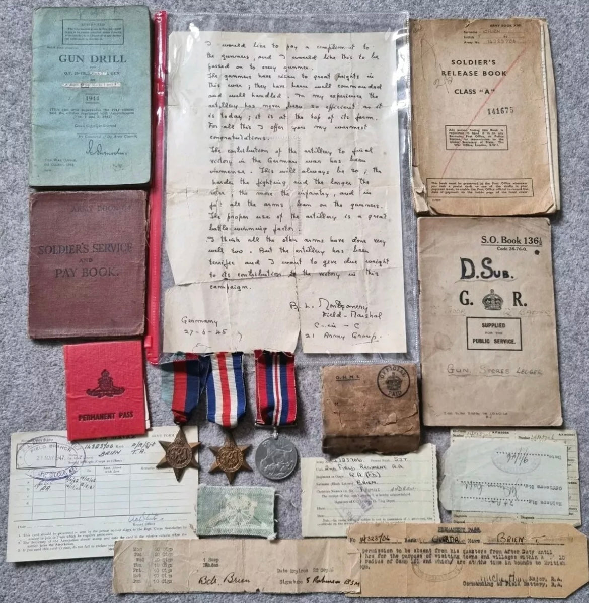 SOLD! WW2 British collection to Sergeant Thomas Andrew Brien- 2nd Field Artillery, Including Montgomery Letter