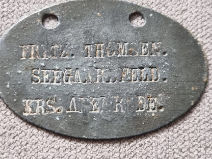 1878 Pattern Imperial German Dog Tag for Fritz Thomsen