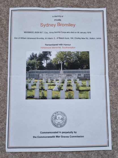 SOLD! WW1 British Death Plaque to Private Sydney Bromiley- 605th Mechanised Transport Company, Army Service Corps