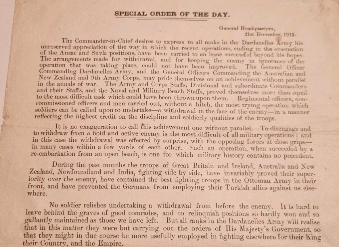 SOLD! WWI Special Order of the Day- Dardanelles Evacuation Leaflet, 21st December 1915