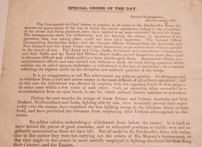 SOLD! WWI Special Order of the Day- Dardanelles Evacuation Leaflet, 21st December 1915