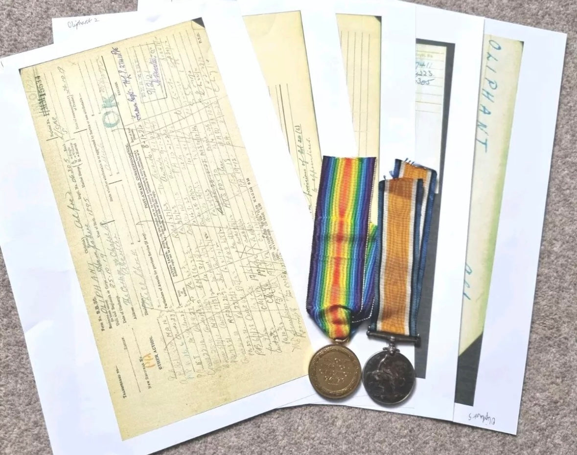 SOLD! WW1 Medal Pair to Private Alfred Oliphant- Highland Light Infantry, Northumberland Fusiliers, Hampshire Regiment