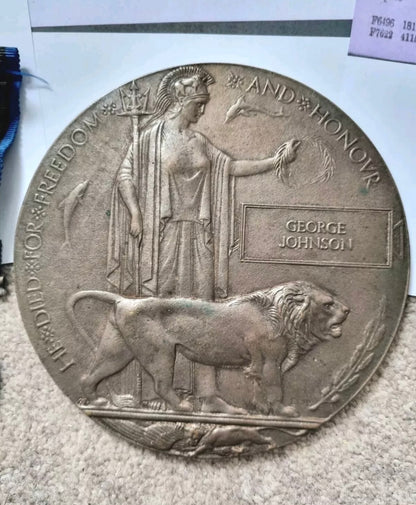 SOLD! WW1 Death Plaque & Medal Group to Corporal George Johnson, 7th King’s Own Yorkshire Light Infantry