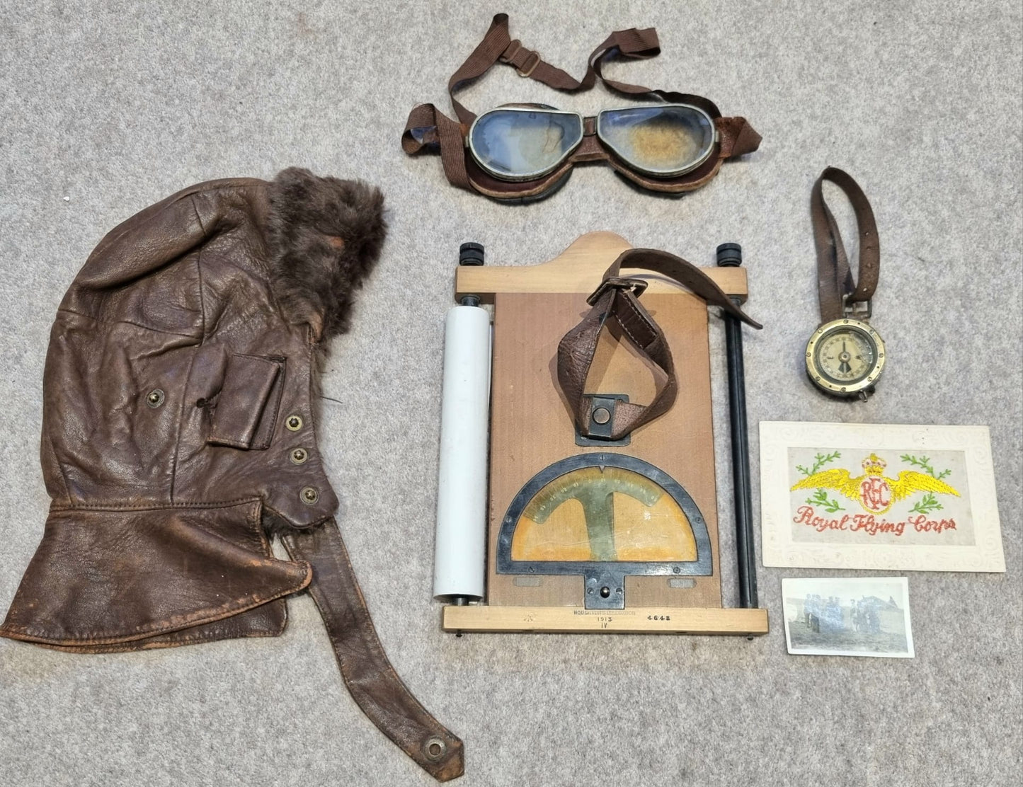 WW1 British Royal Flying Corps Collection, including Flying Helmet, Goggles, Wrist Compass and Map Board