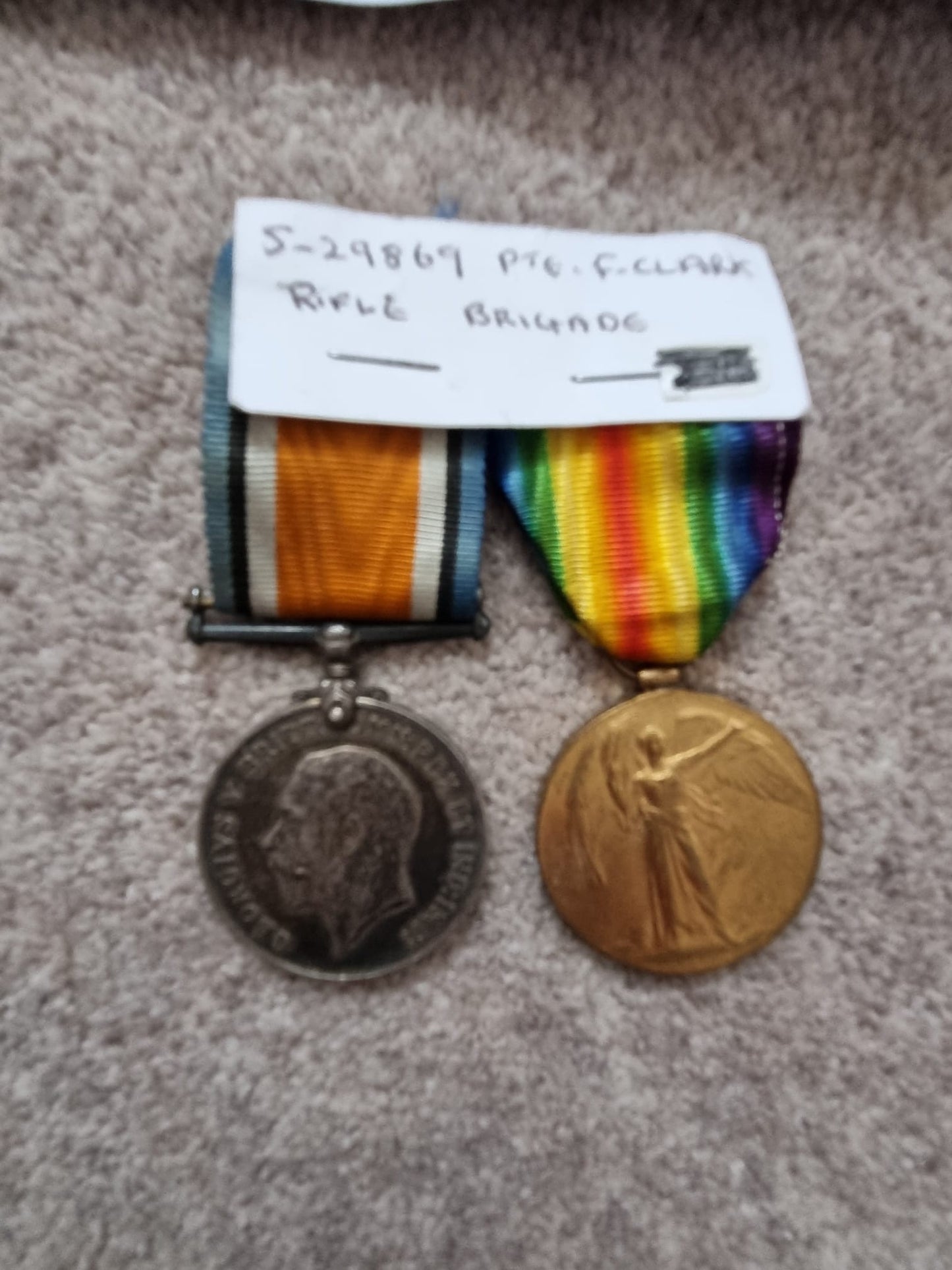 WW1 British Medal Duo to Private Fred Clark- 12th Rifle Brigade, Taken PoW at St Quentin