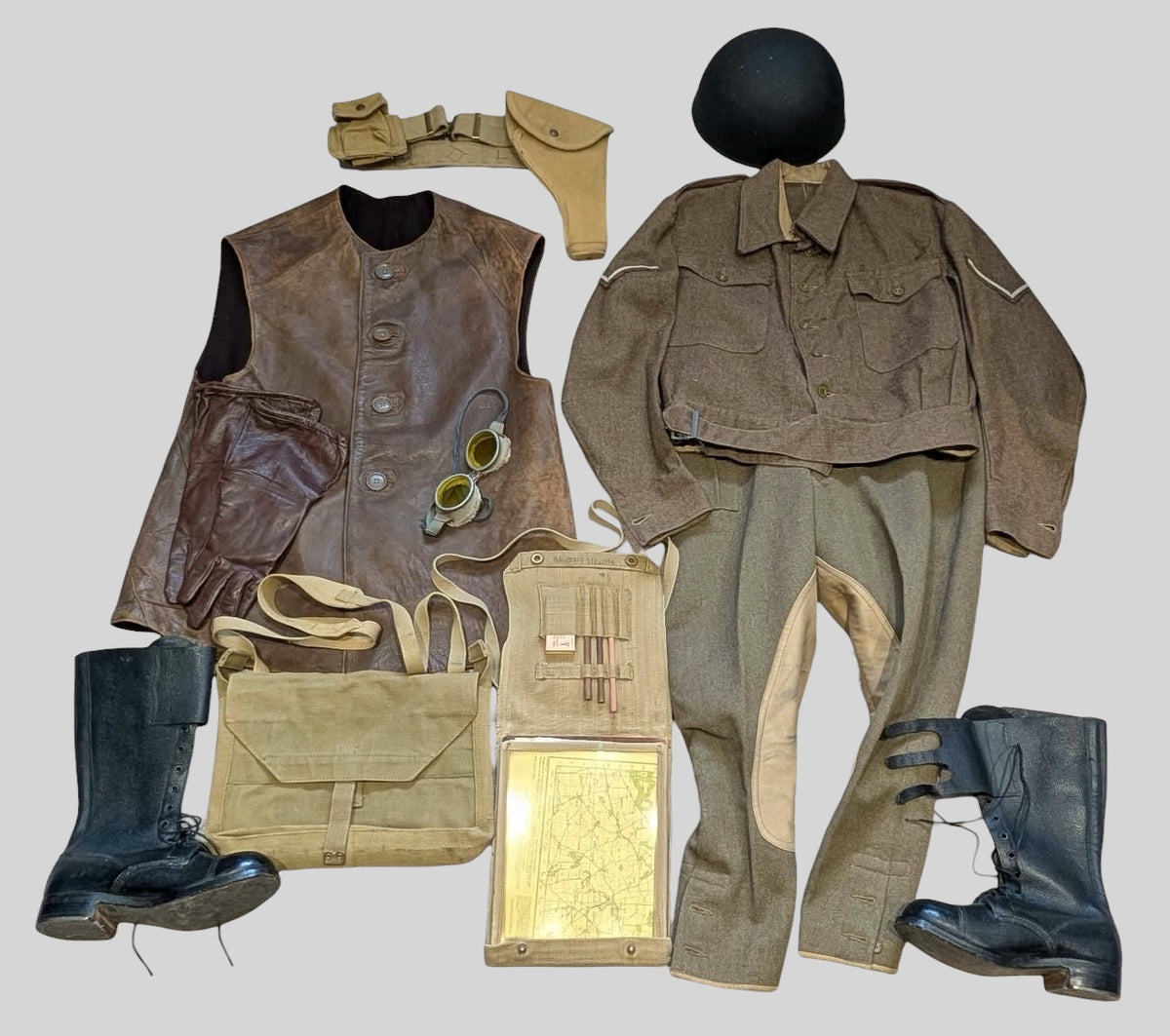 WW2 British Army Dispatch Rider Uniform Webbing Equipment Helmet Set