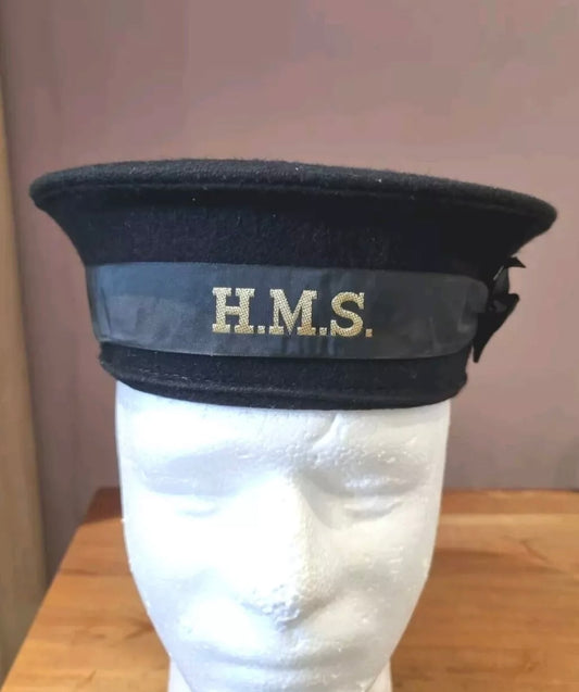 SOLD! WW2 Royal Navy Black Wool Rating Cap With Wartime HMS Cap Tally