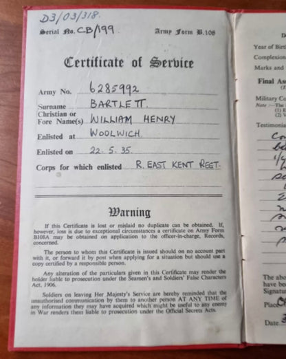 SOLD! WW2 Royal Armoured Corps, North Africa Medal and Ephemera Group to Private William Henry Bartlett (6285992)