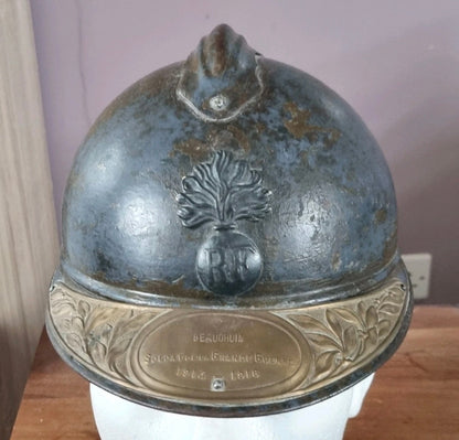 SOLD! WW1 Colonial French Infantry M15 ‘Adrian’ Helmet Shell, With Officer’s Named Veterans Plate