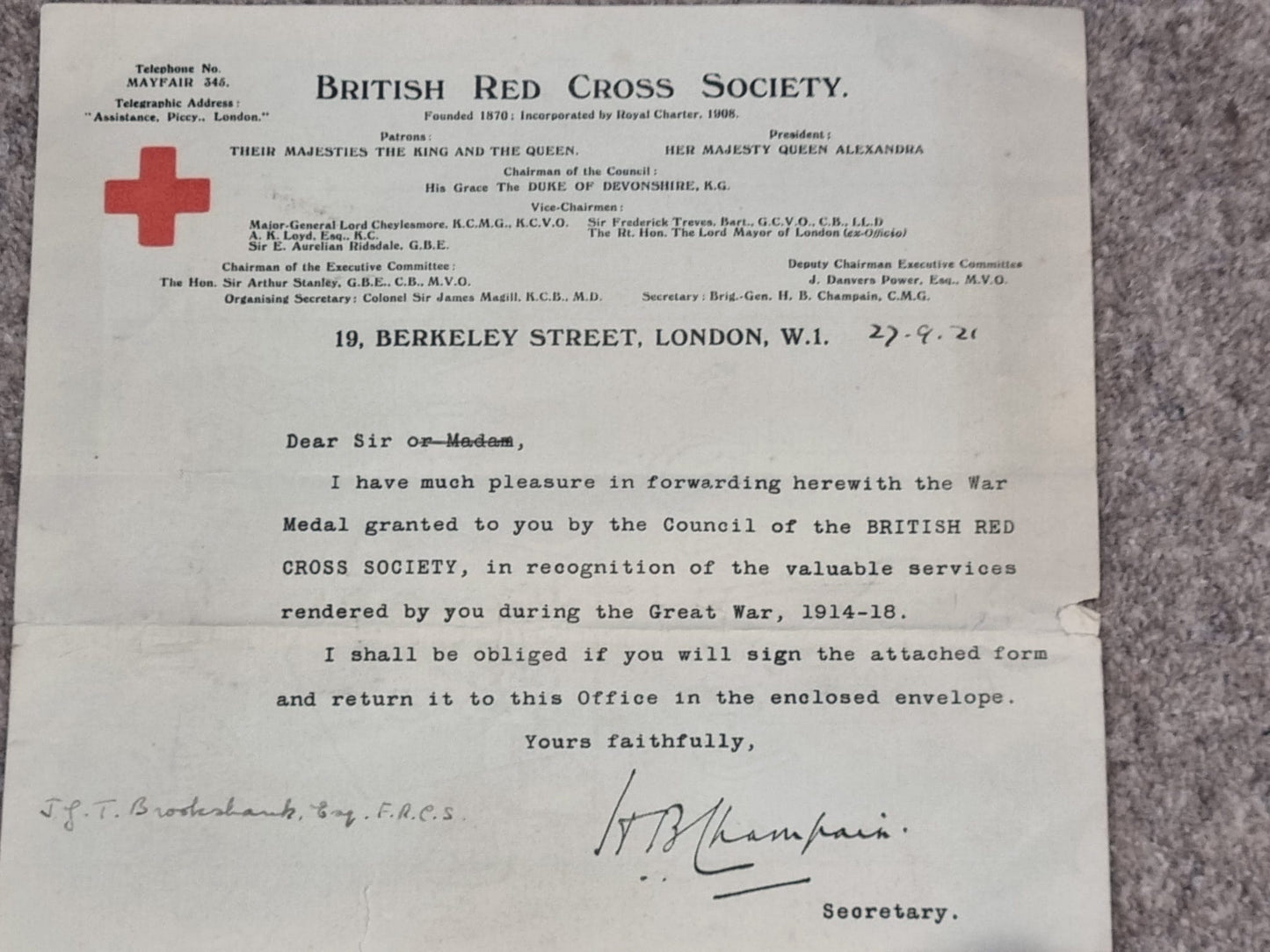 SOLD! WW1 British Red Cross Society Medal and Certificate for War Service 1914-18