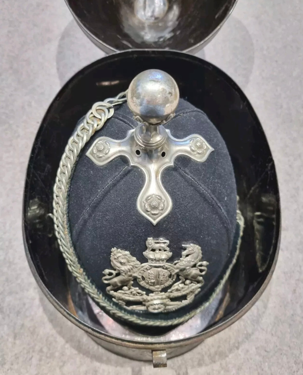 SOLD! Victorian Officer’s Home Service Helmet for the 1st Northumberland Artillery Volunteers, with Tin