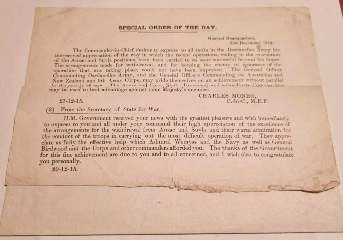 SOLD! WWI Special Order of the Day- Dardanelles Evacuation Leaflet, 21st December 1915