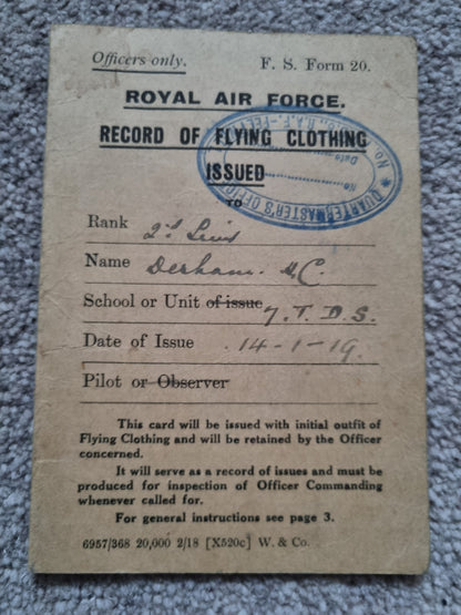 SOLD! WW1 RFC Flying Log Book Photo & RFC Papers to 2nd Lieut H C Derham