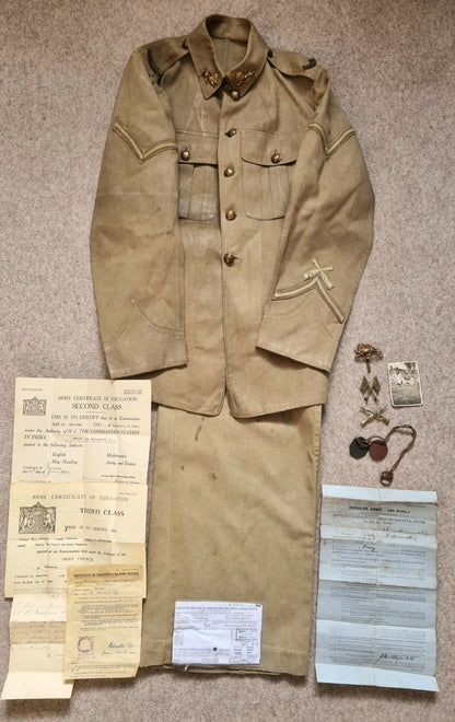 SOLD! WW2 Tropical KD Uniform collection with Jacket Trousers Badges Dog Tags Papers KORL - George Butterworth