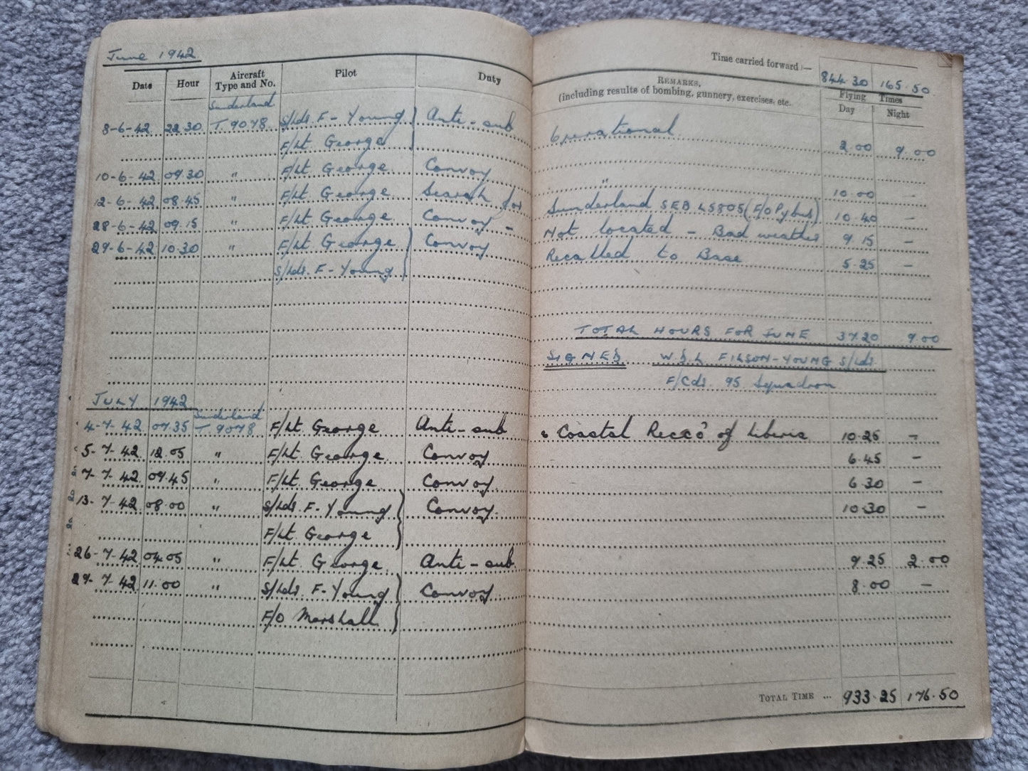 SOLD! WW2 Indian Airforce Flying Log Book to Gerald Jarman, Air Gunner/Observer, Anti Submarine Warfare