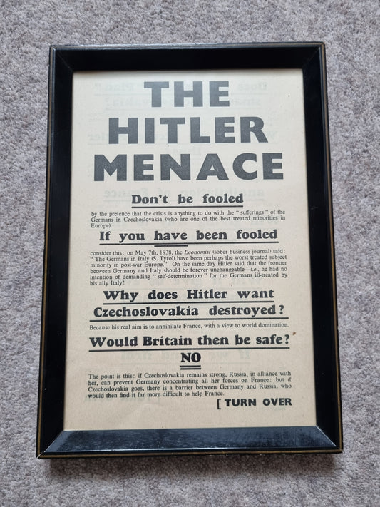 SOLD! WW2 British Two Sided Propaganda Leaflet "THE HITLER MENACE" 1938