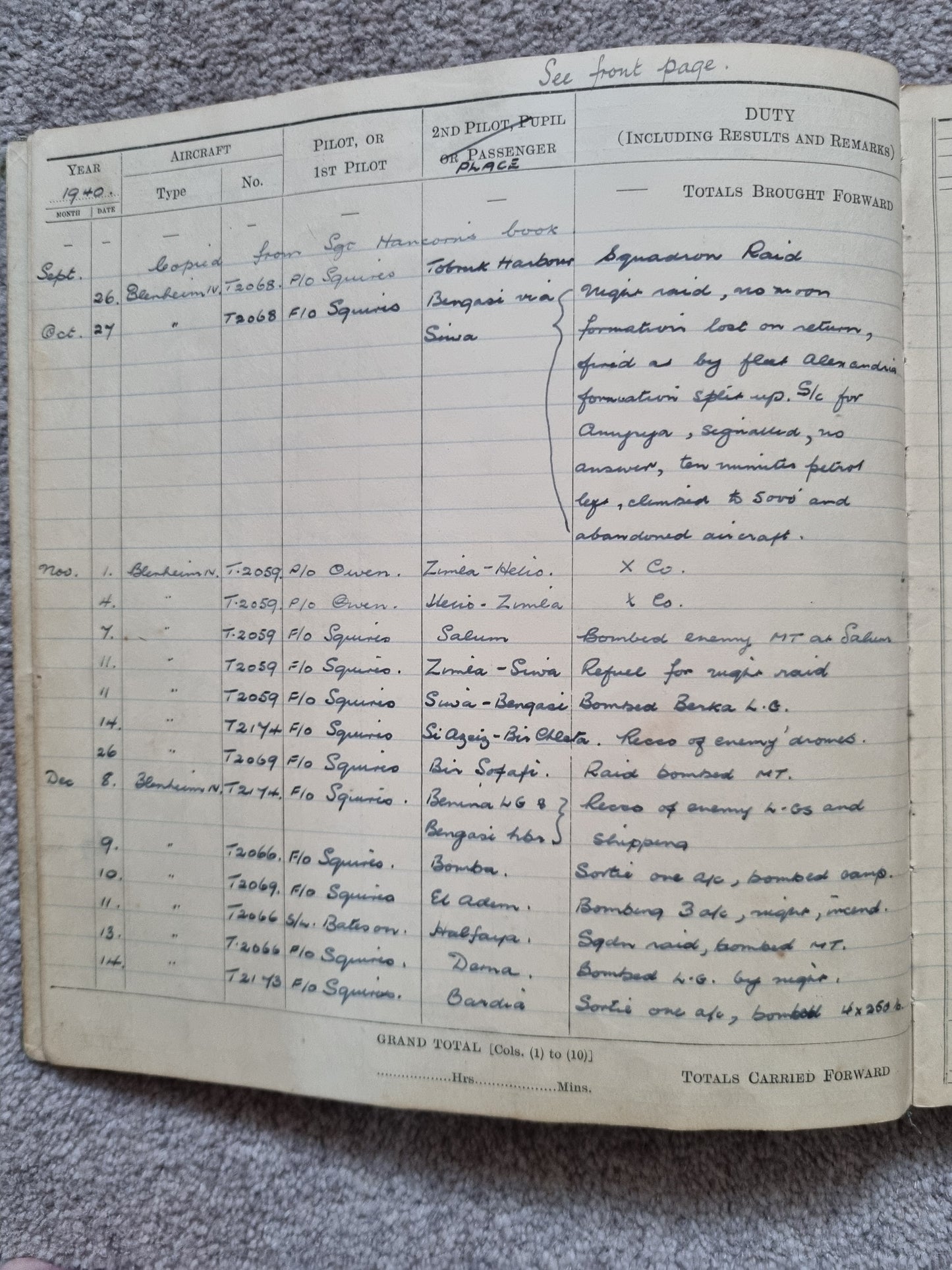 SOLD! WW2 RAF Flying Log Book to RW Durrant Observer Engineer Bombers, Tobruk Interest