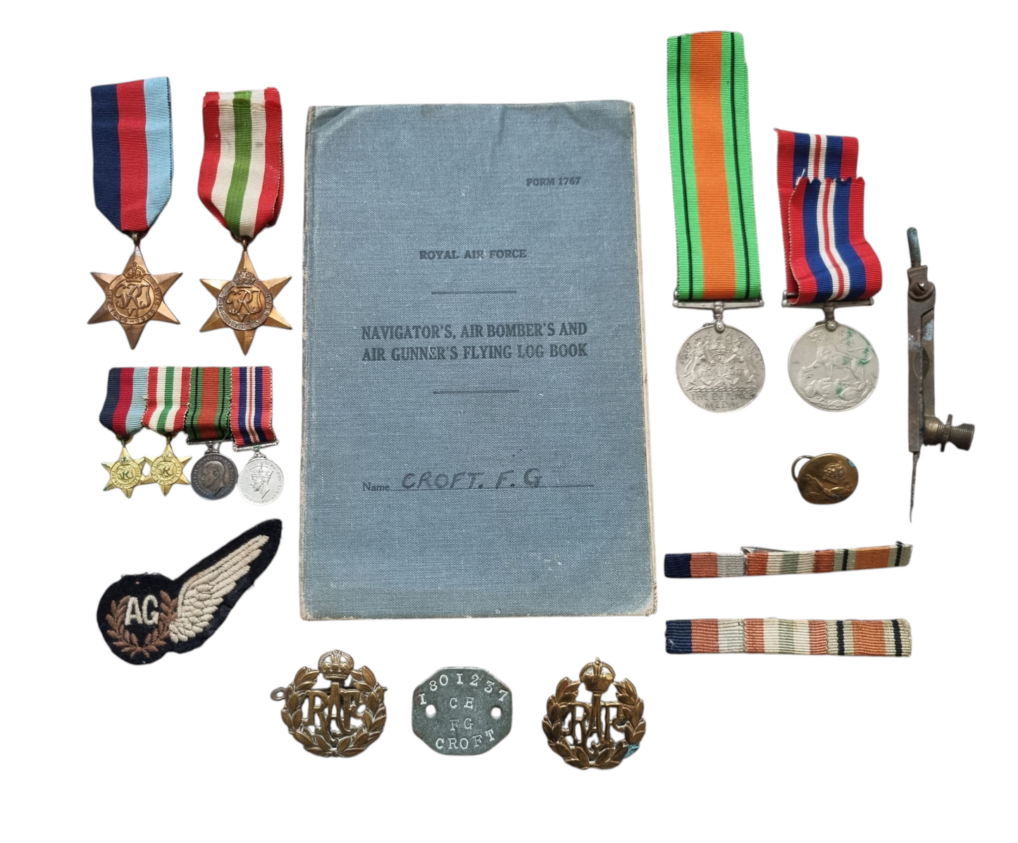 WW2 RAF Flying Suit, Helmet, Flying Log Book, Medals Set - F G CROFT