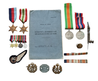 WW2 RAF Flying Suit, Helmet, Flying Log Book, Medals Set - F G CROFT