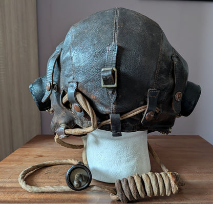 WW2 RAF TYPE C FLYING HELMET, RECEIVERS & WIRING LOOM + TYPE H MASK