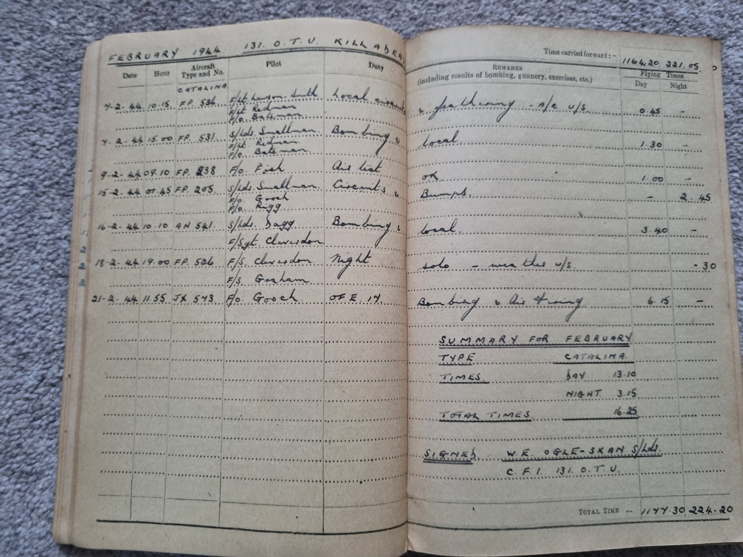 SOLD! WW2 Indian Airforce Flying Log Book to Gerald Jarman, Air Gunner/Observer, Anti Submarine Warfare