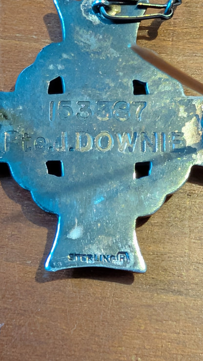 SOLD! WW1 Canadian Memorial Cross, Silver with chain 1914-18 - Pte J Downie