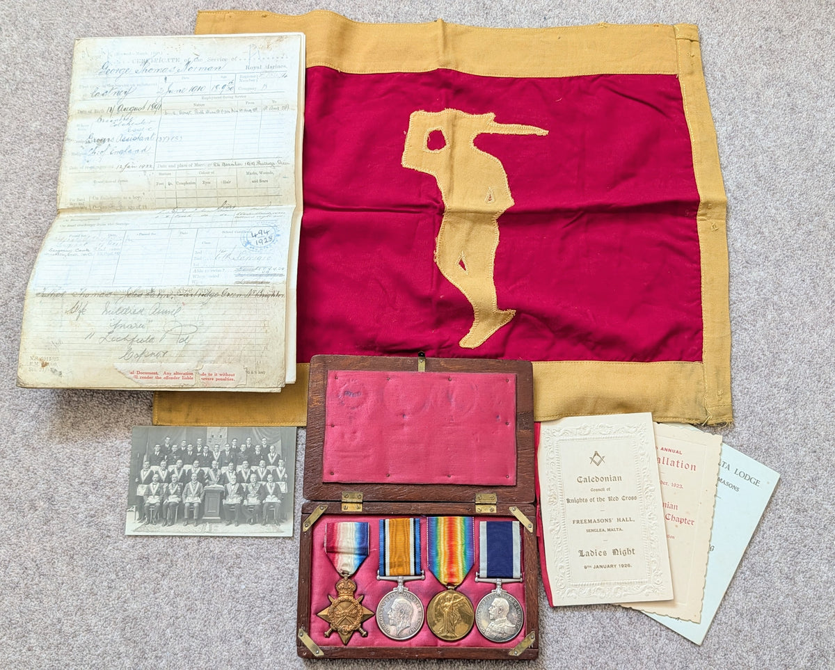 WW1 Royal Marines Light Infantry Medal Quartet & Service / Masonic Papers - George Thomas Norman