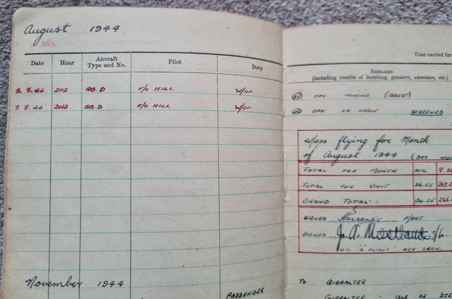 WW2 RAF Flying Log Book to Air Gunner I. E. Parsons with 37 Bombing Operations including DDAY with Combat Reports