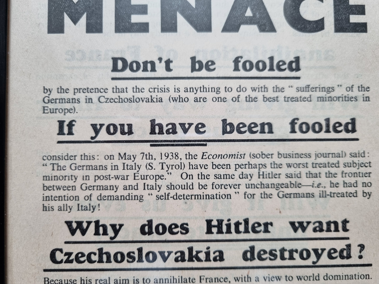 SOLD! WW2 British Two Sided Propaganda Leaflet "THE HITLER MENACE" 1938