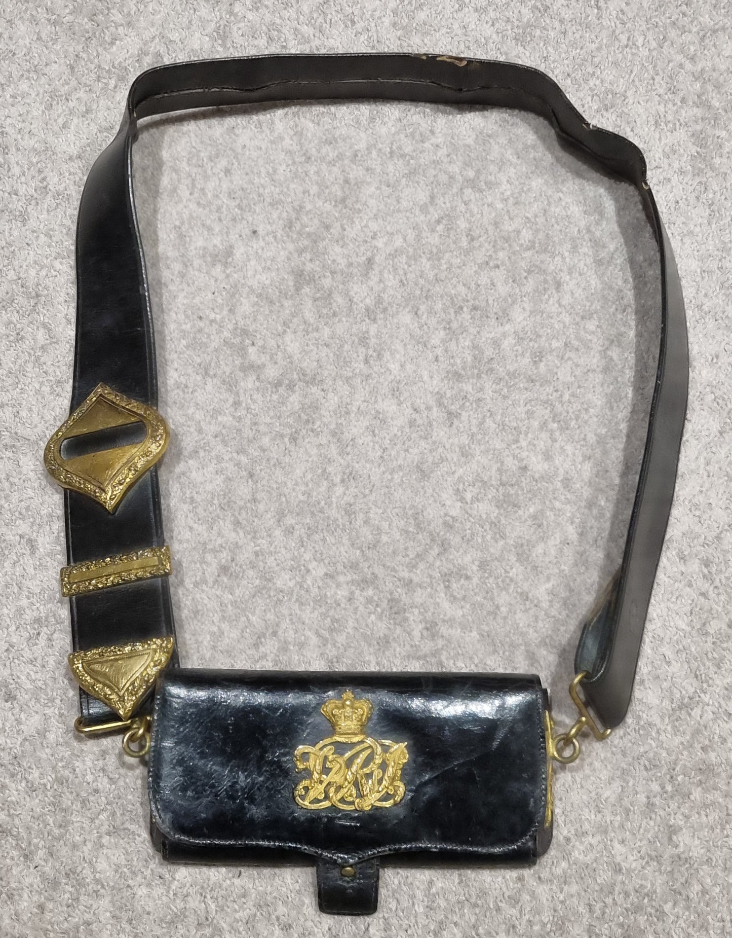 Victorian British Indian Army Patent Black Leather Gilt VRI CrossBelt